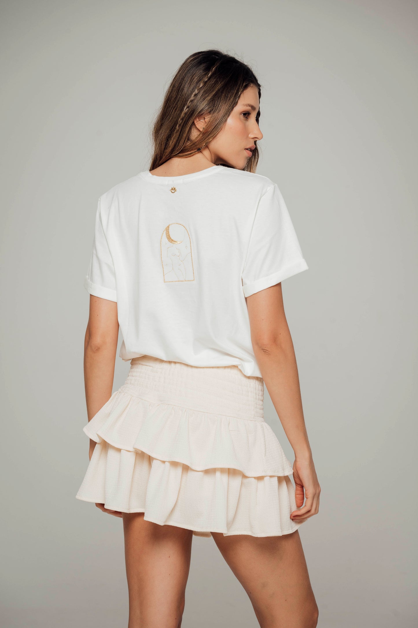 Falda crema con boleros en tela polyester y pretina elástica Salar