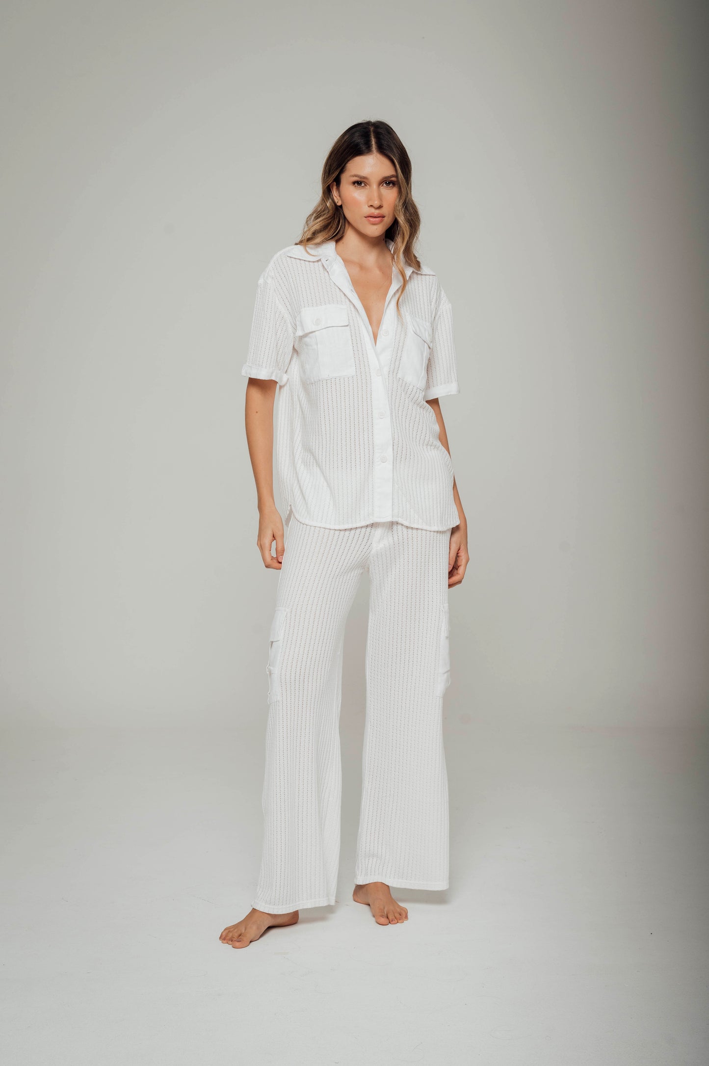 Camisa tejida de botones con apliques en lino Ibiza