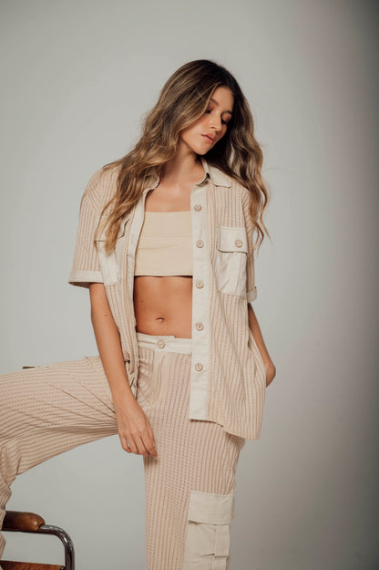 Camisa tejida de botones con apliques en lino Ibiza