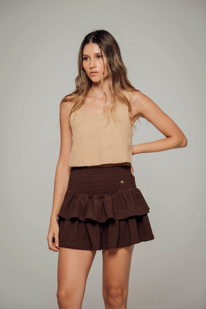 Falda cafe con boleros en tela polyester y pretina elástica  Salar