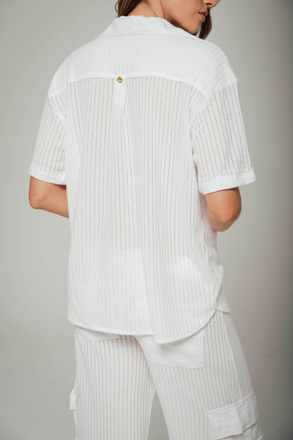 Camisa tejida de botones con apliques en lino Ibiza